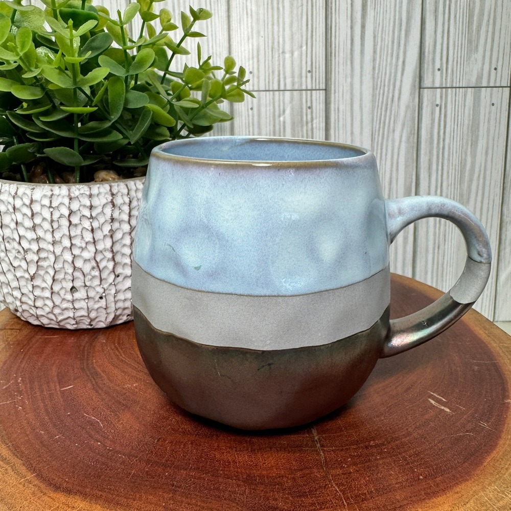 La Rochelle Stoneware Mug Blue Grey Bronze Hammered Texture Reactive Glaze 16oz
